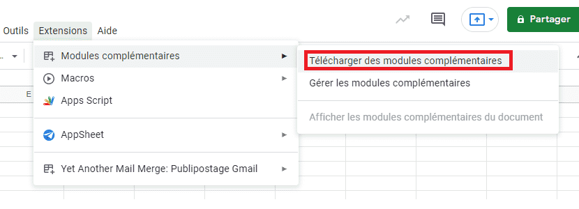 Installer l'extention Yamm dans Google Sheet